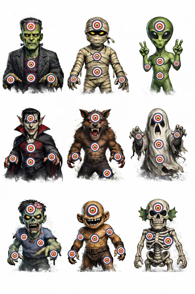 [SSSTGT0002B] 9 Monster Targets - Paper 14cm x 14cm